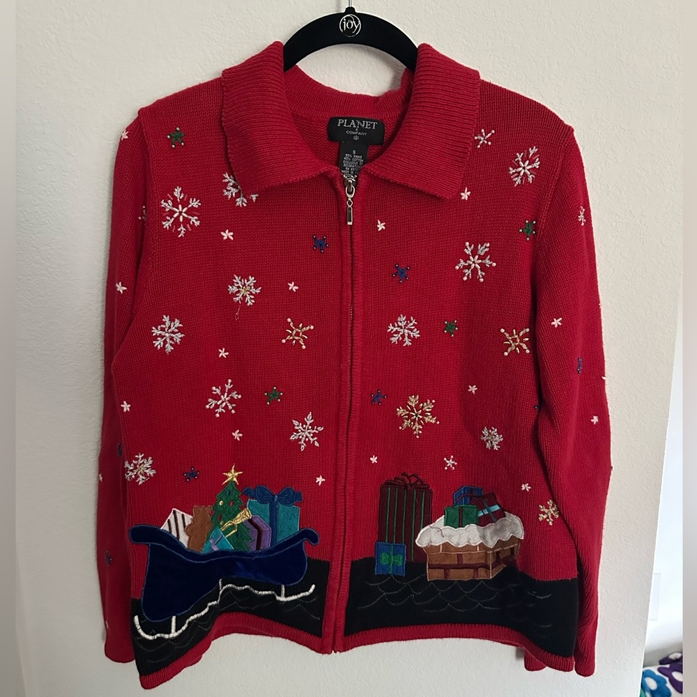 Planet and Company vintage beaded/embellished santa sleigh christmas sweater